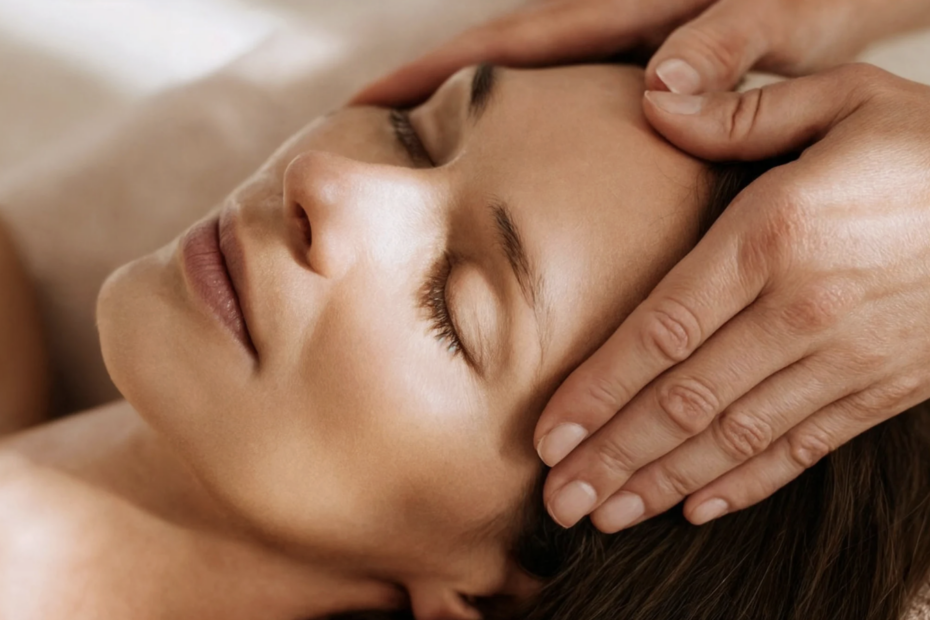 A woman gets a gentle massage on her head.